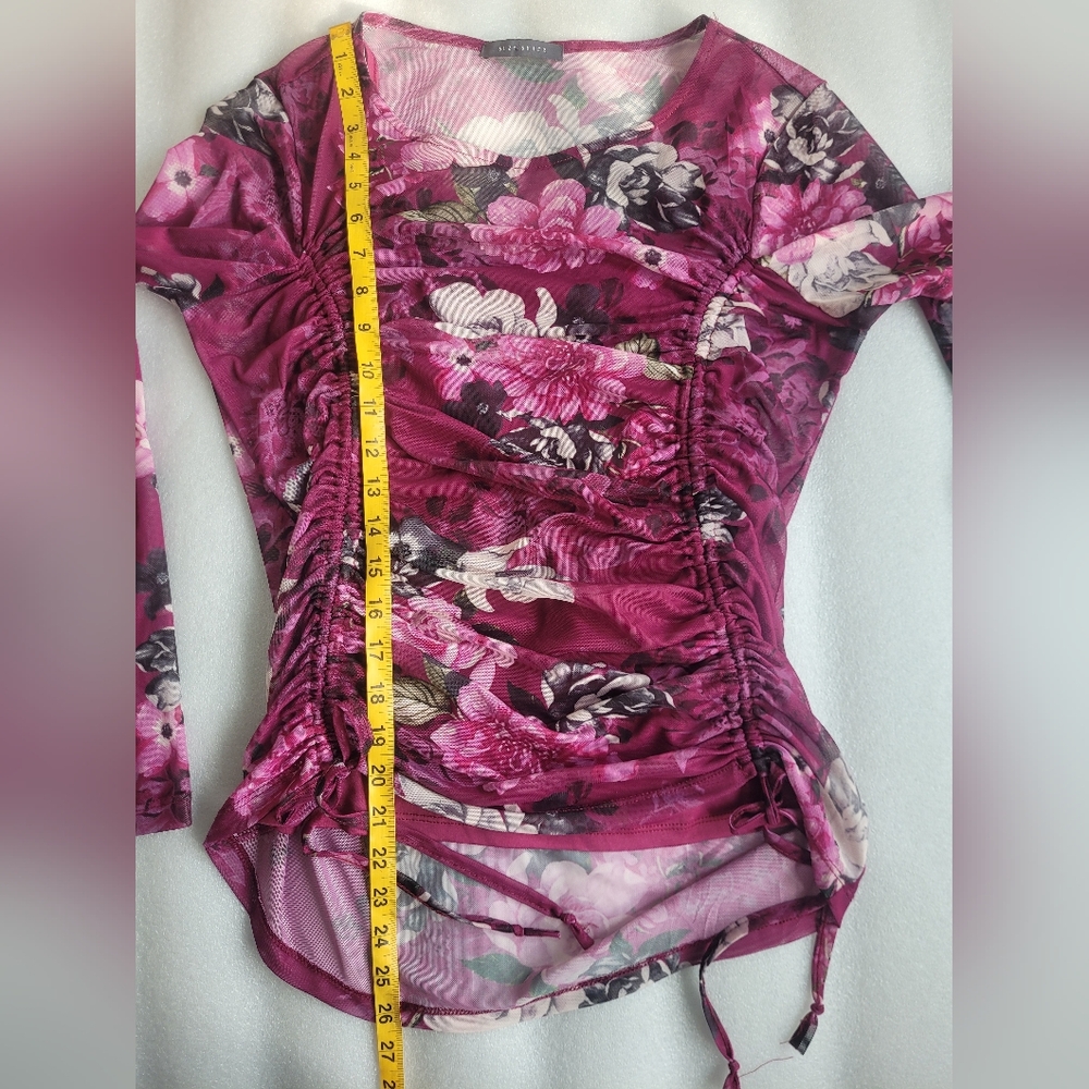 Vintage Y2K Ruched Sheer Mesh Floral Top Fairycore Romantic Club Wear M - Picture 16 of 16